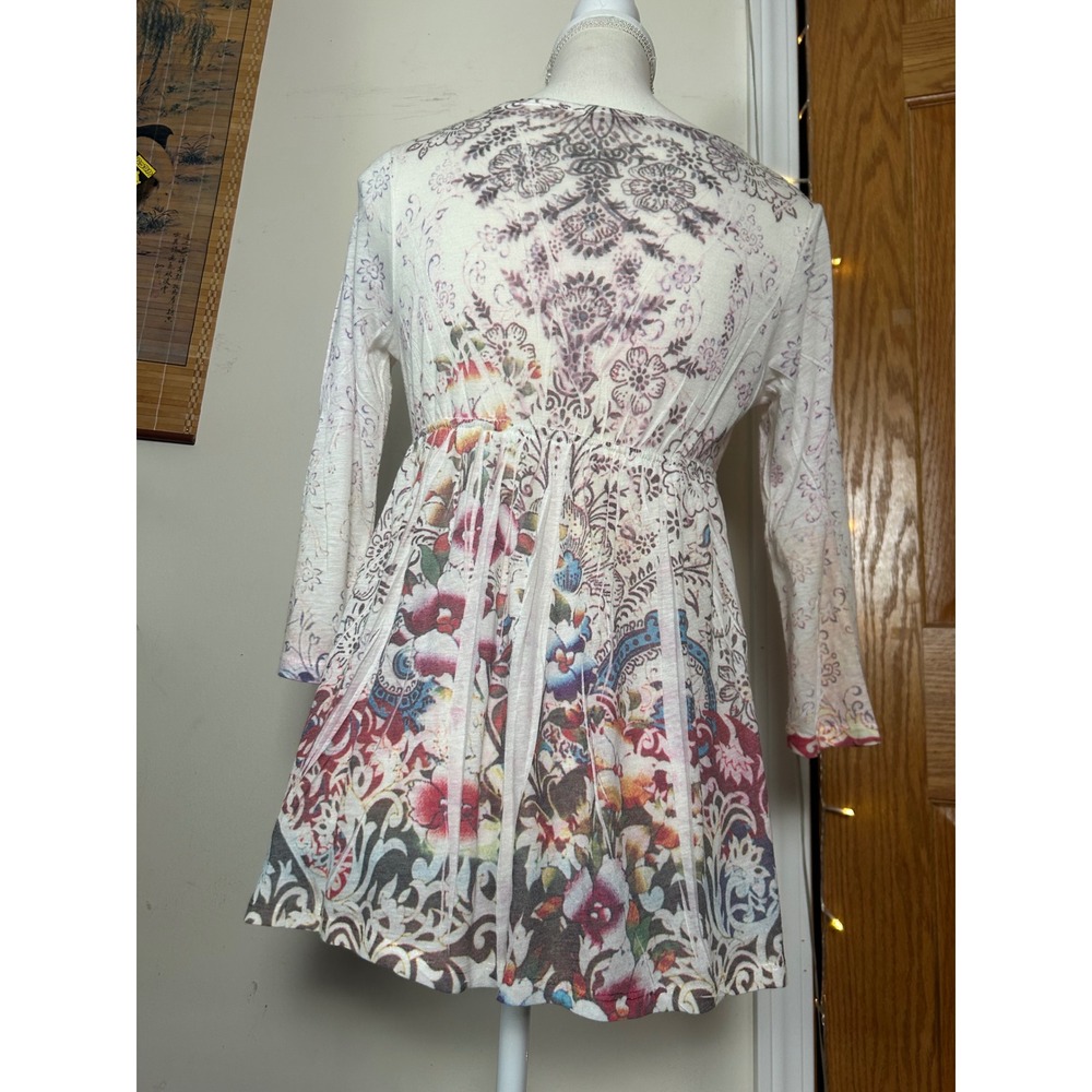 Y2K Babydoll Sheer Women's Floral Print V Neck‎ Long Sleeve Boho Tunic Top M - Picture 2 of 5